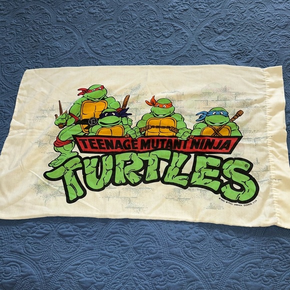 Vintage 1990 Twin Sheet Set Flat Fitted Pillowcase Teenage Mutant Ninja Turtles - Picture 8 of 10